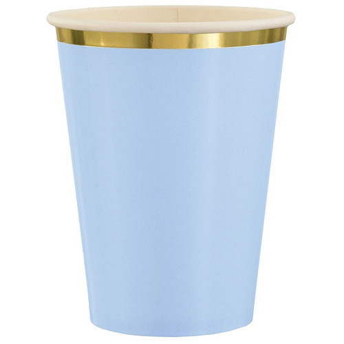Enjoy some refreshing beverages with these Ice Blue & Gold Foil Cups! These light blue paper cups feature a gold foil rim. Package includes 8 count, 12 ounce cups. Enjoy some refreshing beverages with these Ice Blue & Gold Foil Cups! These light blue paper cups feature a gold foil rim. Package includes 8 count, 12 ounce cups.