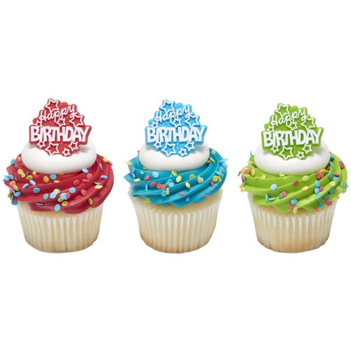Celebrate birthdays of all ages with these colorful rings! This assortment includes green, red, and blue Happy Birthday rings with white writing and stars. Ring measures 1.45 inches by 1.5 inches by .65 Inches. Package includes 6 cupcake rings. Celebrate birthdays of all ages with these colorful rings! This assortment includes green, red, and blue Happy Birthday rings with white writing and stars. Ring measures 1.45 inches by 1.5 inches by .65 Inches. Package includes 6 cupcake rings.