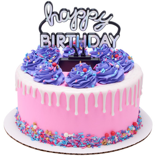 Bring back the 80’s with this fun Neon Happy Birthday Sign Cake Layon. This sign is black with letters that are a metallic iridescent silver and says "happy BIRTHDAY.' The sign measures 5.15 inches by 4.4 inches by .4 inches.