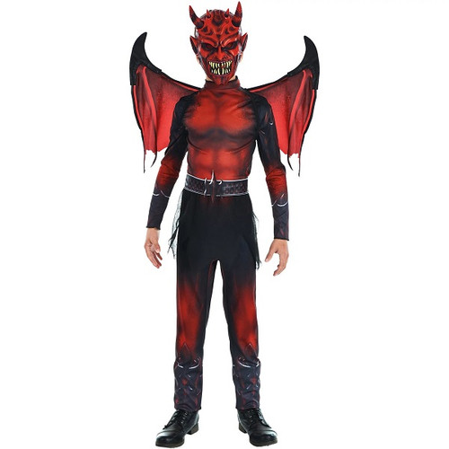 Your child can become a creepy and scary devil character with this boy’s devil costume! This costume features a red and black jumpsuit, wings, horned red mask, and a belt. Shoes are not included in costume. Medium fits most 8 to 10. Large fits most 12-14.  X-large fits most 14-16. Your child can become a creepy and scary devil character with this boy’s devil costume! This costume features a red and black jumpsuit, wings, horned red mask, and a belt. Shoes are not included in costume. Medium fits most 8 to 10. Large fits most 12-14.  X-large fits most 14-16.