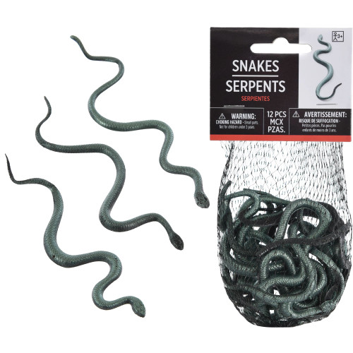 This mesh bag contains 12 plastic snakes in various sizes, each with a shimmering, iridescent finish that catches the light. The package includes 4 large snakes, each 5.25in long; 4 medium snakes, each 5in long; and 4 small snakes, each 4.25in long. Perfect for Halloween table decorations or as eerie party favors for your spooky event.