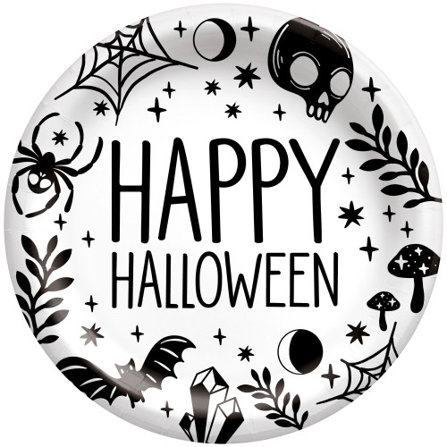Celebrate Halloween in style with these classic round plates that say "Happy Halloween." Measuring 7 inches in diameter, these plates feature a timeless black and white design that complements your other Halloween decor. Perfect for both adult and kids' parties, the design includes spooky yet fun images like skulls, snakes, bats, moons, and toadstools, adding a festive touch to your table setting.