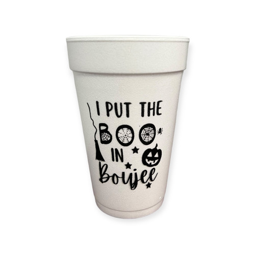 Add some flair to your Halloween festivities with our 16 oz white Styrofoam Cups, featuring "I Put the BOO in Boujee" in bold black lettering. Each sleeve includes 25 cups, perfect for serving your favorite hot or cold drinks. These stylish cups are a fun way to elevate your Halloween party and show off your boujee side.