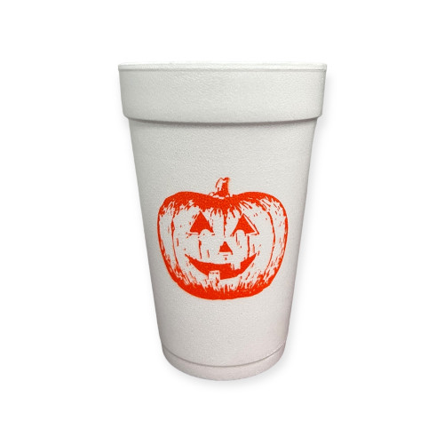 Get into the Halloween spirit with our 16 oz white Styrofoam Cups featuring a classic orange Jack-o'-Lantern design! Each sleeve includes 25 durable cups, perfect for serving hot or cold drinks at your Halloween party. These festive cups are a must-have for adding a spooky touch to your celebration.