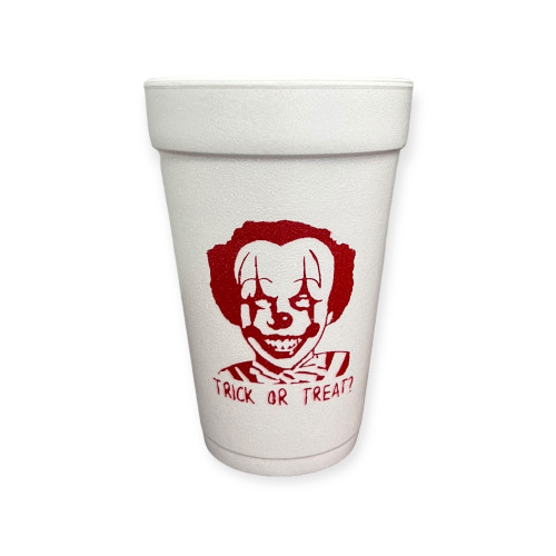 Add a touch of fright to your Halloween party with our 16 oz white Styrofoam Cups featuring a creepy clown design and the words "Trick or Treat." Each sleeve includes 25 durable cups, perfect for serving hot or cold drinks. These eerie cups are a must-have for any Halloween celebration, adding just the right amount of spooky fun.