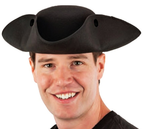 Black Felt Tricorne Hat. This black felt hat features a classic tricorne hat design with flat black stud snaps. One size fits most.