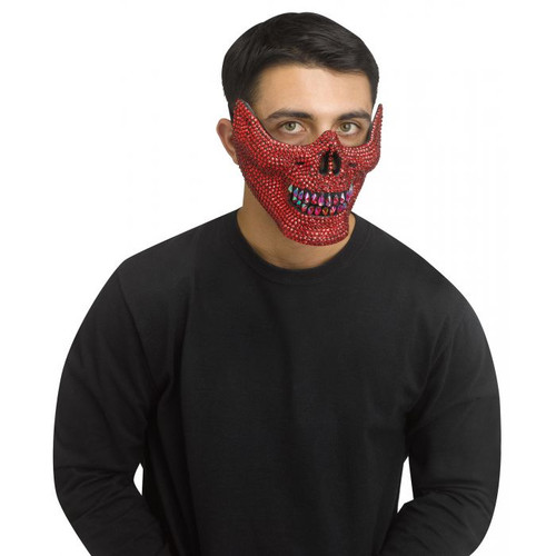 Add some creepy bling to your Halloween look with this Red Rhinestone Half Skull Mask! This plastic half face mask features a faux jewel finish with an attached elastic band. One size fits most. Add some creepy bling to your Halloween look with this Red Rhinestone Half Skull Mask! This plastic half face mask features a faux jewel finish with an attached elastic band. One size fits most.
