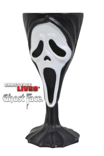 Ghost Face Drinking Goblet. This black plastic goblet with a molded base features a Ghost Face in classic white. Measures 7in tall, 8.2 oz. Hand wash only. Not microwave safe.