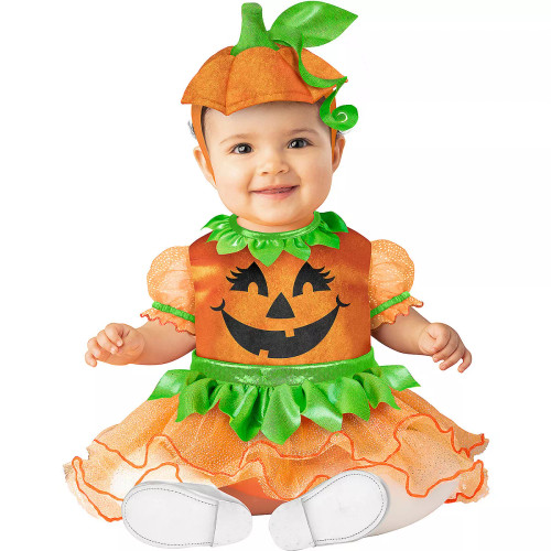 Get ready for cuteness overload with our Pumpkin Tutu Halloween Costume for infants and toddlers! This charming outfit features a vibrant orange dress adorned with a cheerful Jack-O'-Lantern face on the bodice and sheer orange ruffled cap sleeves for an extra touch of whimsy. The package includes both the delightful dress and a matching headpiece, ensuring your little one is the most adorable pumpkin around. Perfect for Halloween festivities, this costume combines playful design with festive spirit, making it a delightful choice for capturing precious moments and spreading holiday cheer.