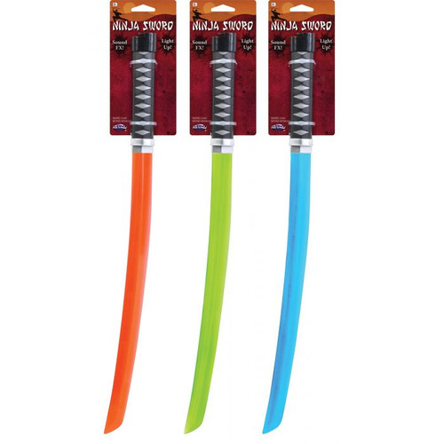 Prepare for action with the 22" LU Ninja Sword, a must-have for any aspiring warrior! Available in vibrant red, green, and blue, this sword is not just for show—it lights up with dynamic LED effects and features thrilling sound FX that bring your ninja adventures to life. With an easy-to-use ON/OFF switch, you can control when the blade dazzles and roars. Plus, it comes complete with 3 AAA batteries already included, so you’re ready to wield your sword right out of the box. Perfect for cosplay, playtime, or display, this sword will add an electrifying edge to any mission! Package includes one sword in your color of choice. Prepare for action with the 22" LU Ninja Sword, a must-have for any aspiring warrior! Available in vibrant red, green, and blue, this sword is not just for show—it lights up with dynamic LED effects and features thrilling sound FX that bring your ninja adventures to life. With an easy-to-use ON/OFF switch, you can control when the blade dazzles and roars. Plus, it comes complete with 3 AAA batteries already included, so you’re ready to wield your sword right out of the box. Perfect for cosplay, playtime, or display, this sword will add an electrifying edge to any mission! Package includes one sword in your color of choice.