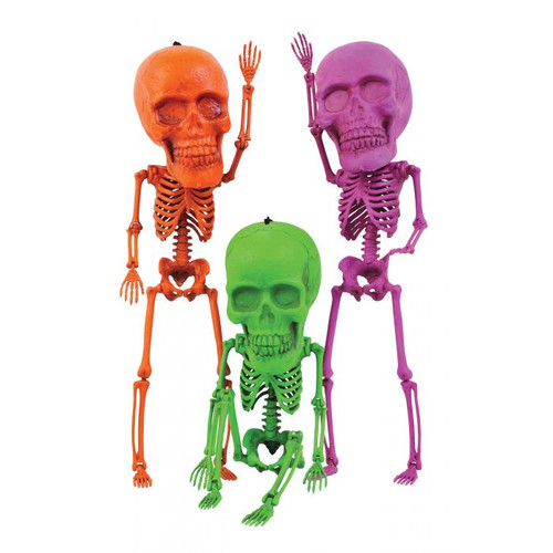 Brighten up your Halloween with our 17" Neon Big Headed Skeleton Decorations in vibrant orange, green, or purple! These articulated skeletons can be posed or hung to create the perfect spooky setup. Ideal for a standout Halloween display, indoors or out! Package includes one skeleton in your choice of color.