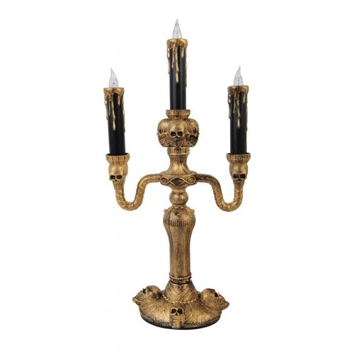 Illuminate your spooky scenes with the 14" LED Haunted Mansion Candelabra. This eerie yet elegant piece features a striking gold finish, beautifully adorned with detailed skull accents and black candles for a touch of gothic charm. The candelabra is enhanced with LED lights that emit a ghostly glow, complemented by gold dripping candle wax that adds a dramatic effect. Standing at 14 inches tall, it’s perfect for creating a chilling ambiance for Halloween or any haunted event. This stunning candelabra combines both style and a hint of sinister allure, making it a must-have for your haunted mansion theme or frightful gatherings. Batteries not included.