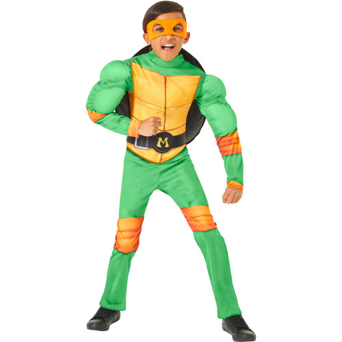Cowabunga! Join the action with our Youth Teenage Mutant Ninja Turtle Mutant Mayhem Mikey Costume! This colorful jumpsuit features an attached belt and a self-stuffed turtle shell, plus a signature orange eye mask. Made from soft polyester, it’s perfect for comfortable wear during playtime or Halloween. Shoes not included.