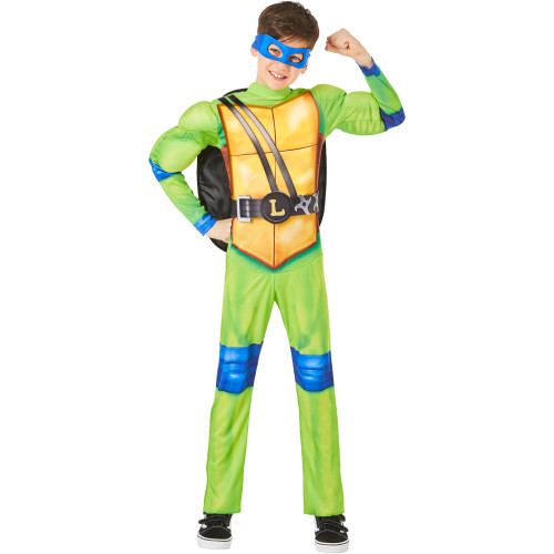 Cowabunga! Join the action with our Youth Teenage Mutant Ninja Turtle Mutant Mayhem Leo Costume! This colorful jumpsuit features an attached belt and a self-stuffed turtle shell, plus a signature blue eye mask. Made from soft polyester, it’s perfect for comfortable wear during playtime or Halloween. Shoes not included.