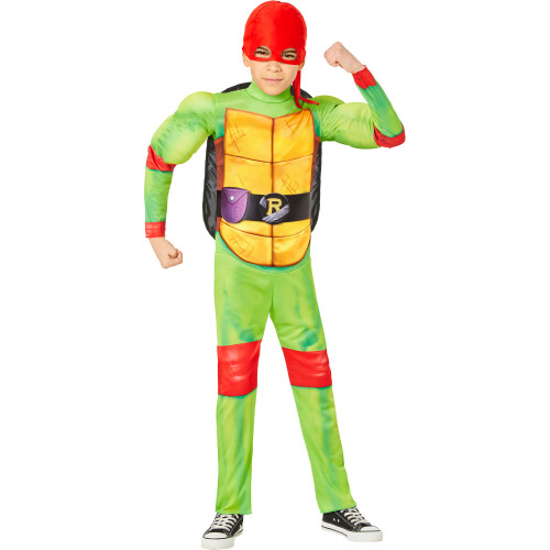 Cowabunga! Join the action with our Youth Teenage Mutant Ninja Turtle Mutant Mayhem Raph Costume! This colorful jumpsuit features an attached belt and a self-stuffed turtle shell, plus a signature red eye mask. Made from soft polyester, it’s perfect for comfortable wear during playtime or Halloween. Shoes not included.