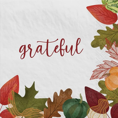 Celebrate autumn with our Changing Seasons Beverage Napkins! Featuring fall leaves and pumpkins on the border, these 2-ply napkins beautifully capture the season's spirit. The word “grateful” in elegant red script adds a warm touch, making them perfect for a Thanksgiving gathering. The napkins measure 5 inches by 5 inches and include 40 count in each pack.
