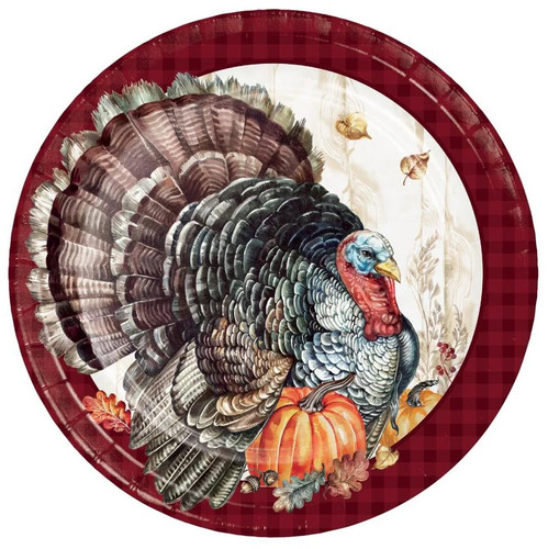 Embrace the spirit of Thanksgiving with our Timeless Turkey Luncheon Plates! These paper plates showcase a classic feathery turkey set against a rustic wooden fence with a dark red gingham border, adding a touch of tradition to your celebrations. These plates measure 8.75 inches and include 8 count in each pack. Embrace the spirit of Thanksgiving with our Timeless Turkey Luncheon Plates! These paper plates showcase a classic feathery turkey set against a rustic wooden fence with a dark red gingham border, adding a touch of tradition to your celebrations. These plates measure 8.75 inches and include 8 count in each pack.