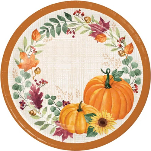 Celebrate autumn with our Harvest Wishes Luncheon Plates! These paper plates feature two charming pumpkins and a sunflower adorned with fall greenery with a dark orange border, adding a festive touch to your gatherings. These plates measure 8.75 inches and include 8 count in each pack. Celebrate autumn with our Harvest Wishes Luncheon Plates! These paper plates feature two charming pumpkins and a sunflower adorned with fall greenery with a dark orange border, adding a festive touch to your gatherings. These plates measure 8.75 inches and include 8 count in each pack.