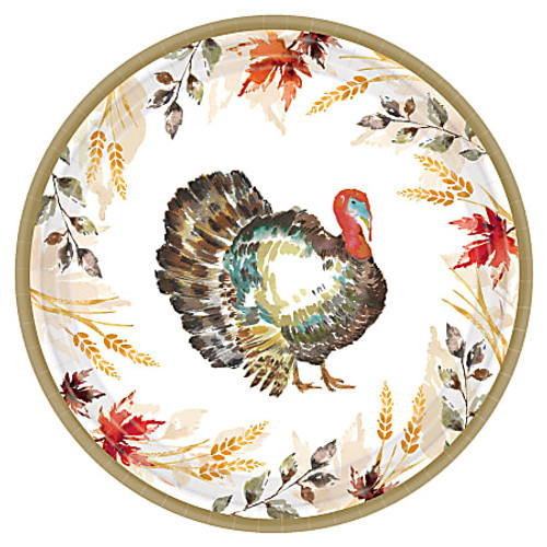 Elevate your holiday gatherings with our Classic Thanksgiving Luncheon Plates! These paper plates feature warm fall leaves on the border and a feathery turkey. These plates measure 8.5 inches and include 8 count in each pack.
Not microwave safe.