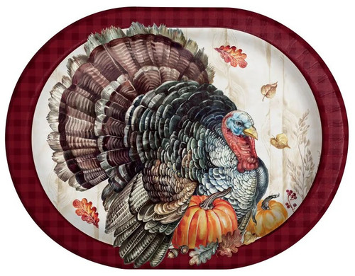 Embrace the spirit of Thanksgiving with our Timeless Turkey Oval Plates! These paper plates showcase a classic feathery turkey set against a rustic wooden fence with a dark red gingham border, adding a touch of tradition to your celebrations. These plates measure 12 inches by 9.25 inches and include 8 count in each pack. Embrace the spirit of Thanksgiving with our Timeless Turkey Oval Plates! These paper plates showcase a classic feathery turkey set against a rustic wooden fence with a dark red gingham border, adding a touch of tradition to your celebrations. These plates measure 12 inches by 9.25 inches and include 8 count in each pack.