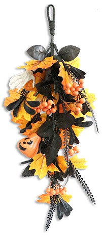 Add spooky charm to your Halloween decor with this 20-inch Skeleton Hand Floral Teardrop! Featuring vibrant orange and black leaves, orange berries, a mini skeleton hand, and a playful jack-o'-lantern, it's perfect for hanging on doors or walls to elevate your seasonal celebrations!