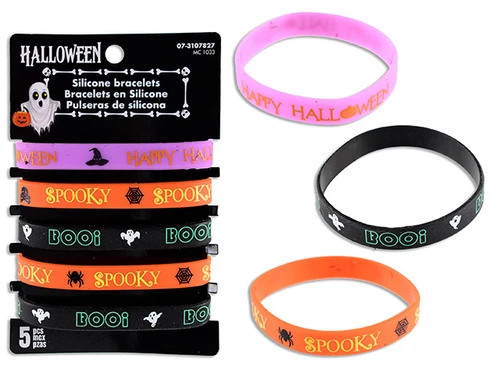 Get ready for spooky fun with this pack of 5 Silicone Halloween Bracelets! This set includes one purple bracelet featuring the message "Happy Halloween" in orange text, two orange bracelets that say "Spooky" in yellow text, and two black bracelets that declare "BOOi" in green text. Perfect for Halloween parties or trick-or-treating, these fun accessories are sure to delight everyone!
