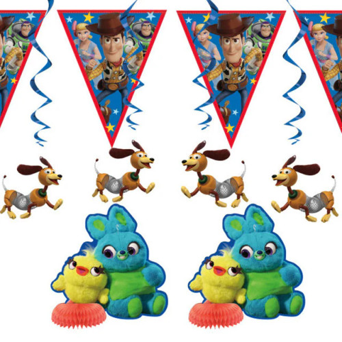 Transform your space with our Toy Story 4 Decoration Kit! This fun set includes two mini honeycomb decorations featuring Ducky and Bunny, four hanging swirl decorations with Slinky, and an 8-foot flag banner showcasing group shots of Woody, Bo Peep, and Buzz. Perfect for birthday parties or themed celebrations, this kit adds a vibrant touch of nostalgia and excitement, making every moment feel like an adventure in Andy’s room! Transform your space with our Toy Story 4 Decoration Kit! This fun set includes two mini honeycomb decorations featuring Ducky and Bunny, four hanging swirl decorations with Slinky, and an 8-foot flag banner showcasing group shots of Woody, Bo Peep, and Buzz. Perfect for birthday parties or themed celebrations, this kit adds a vibrant touch of nostalgia and excitement, making every moment feel like an adventure in Andy’s room!