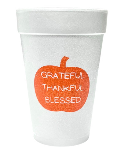 Grateful Thankful Blessed Styrofoam Cups - Orange. 16 oz white Styrofoam Cups, featuring the words "GRATEFUL THANKFUL BLESSED" in a pumpkin, in either orange or brown ink. Each sleeve includes 25 durable cups, perfect for hot or cold drinks at your Thanksgiving gathering. Add a festive touch to your with these must-have cups.