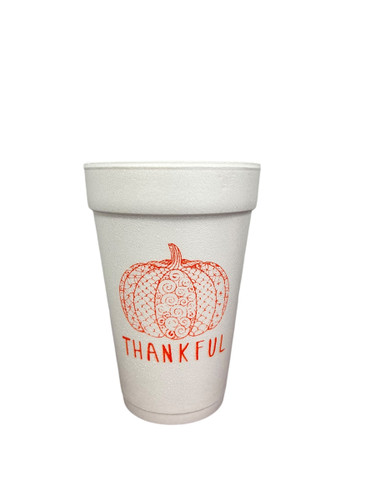 Get into the Thanksgiving season with our 16 oz white Styrofoam Cups, featuring the word THANKFUL and a pumpkin both in orange ink. Each sleeve includes 25 durable cups, perfect for hot or cold drinks at your Thanksgiving gathering. Add a festive touch with these must-have cups.