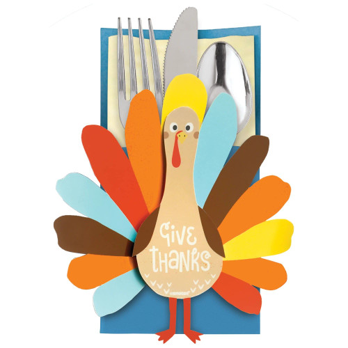 Add a fun touch to your Thanksgiving table with our Colorful Turkey Day Cutlery Holders! Each blue 7.5-inch paper holder features a colorful cartoonish turkey design with the message "Give Thanks", perfect for delighting guests of all ages. This set includes 12 holders, ideal for organizing cutlery and enhancing your holiday decor.
Silverware and napkins not included.