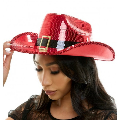 Celebrate the holidays with our Santa Cowboy Hat! Featuring shiny red mirrors that sparkle like a disco ball, this festive hat has a band resembling Santa's belt and a brim adorned with dazzling red sequins. Perfect for holiday parties and events, it’s a fun twist on classic cowboy style!