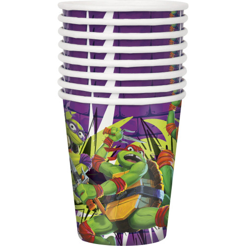 Get ready for an action-packed party with our TMNT Mutant Mayhem 9 oz Cups! This pack of 8 paper cups feature the turtles in dynamic poses against a vibrant purple brick wall background. Ideal for drinks at birthday parties or TMNT-themed events. Get ready for an action-packed party with our TMNT Mutant Mayhem 9 oz Cups! This pack of 8 paper cups feature the turtles in dynamic poses against a vibrant purple brick wall background. Ideal for drinks at birthday parties or TMNT-themed events.