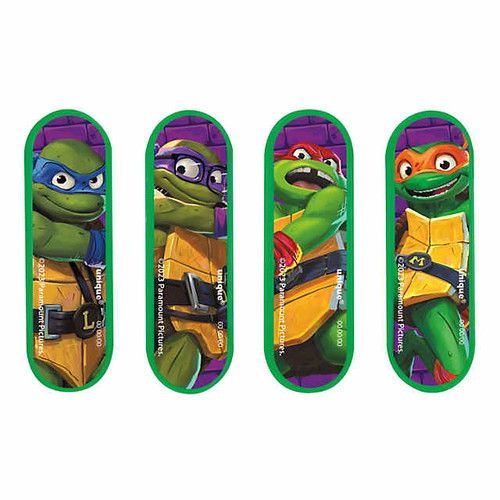 Rev up the fun with our TMNT Mutant Mayhem Mini Skateboards! This pack of four features designs for each turtle—Leo, Donnie, Raph, and Mikey—each measuring 3 inches long. Perfect as party favors or for adding a playful touch to any TMNT-themed celebration, these mini skateboards are sure to delight fans of all ages! Rev up the fun with our TMNT Mutant Mayhem Mini Skateboards! This pack of four features designs for each turtle—Leo, Donnie, Raph, and Mikey—each measuring 3 inches long. Perfect as party favors or for adding a playful touch to any TMNT-themed celebration, these mini skateboards are sure to delight fans of all ages!