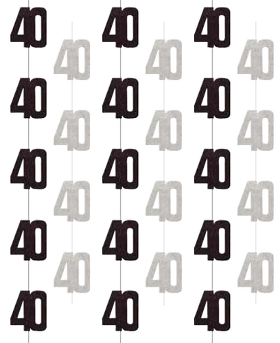 Add a touch of sparkle to your celebration with our Birthday Glitz 40 Hanging Decorations! This set includes six stunning strands made from prismatic foil in black and silver, each measuring 60 inches long and featuring the number "40." Perfect for birthday parties or milestone celebrations, these shimmering decorations create a festive atmosphere that will wow your guests and make the occasion truly memorable!