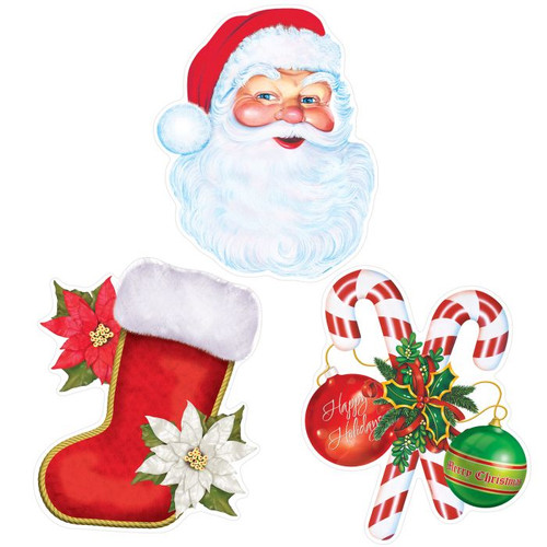 Brighten your holiday décor with our Plastic Christmas Cutouts! This set features a charming Santa face, a festive stocking with poinsettias, and colorful candy canes with ornaments, each measuring 10 inches by 12.25 inches. Suitable for indoor or outdoor use, these durable cutouts are perfect for adding a cheerful touch to walls or doors.