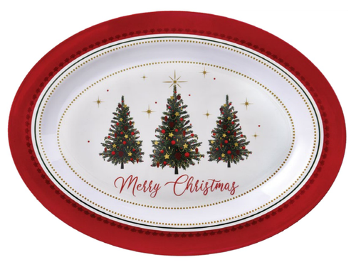 Enhance your holiday dining with our Elegant Evergreen Melamine Serving Platter! Measuring 14.41 inches by 19.69 inches, this stunning platter features a white base with a decorative red border. Adorned with three festive Christmas trees, pinecones, and red and gold ornaments, it showcases the cheerful phrase "Merry Christmas" in red script. Ideal for serving appetizers, desserts, or holiday treats, this durable platter combines style and practicality for your seasonal celebrations!