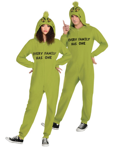 Get ready to channel your inner Grinch with our fun Adult Grinch Zipster! This cozy green onesie features a front zipper for easy wear and a hood decorated with the Grinch's iconic yellow eyes. Emblazoned with the playful text, "Every Family Has One," this zipster is perfect for holiday gatherings, ugly sweater parties, or simply lounging around in festive style. Made from soft polyester, it ensures comfort while you spread holiday cheer.