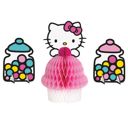 Add a playful pop to your party table with the Hello Kitty Honeycomb Centerpiece! This set features a 10.25-inch Hello Kitty cardstock figure with a honeycomb cupcake base, plus two 6-inch die-cut candy jar centerpieces with pink and blue lids. Perfect for Hello Kitty-themed birthdays or celebrations, this cute and colorful décor is sure to add fun and charm to your table! Add a playful pop to your party table with the Hello Kitty Honeycomb Centerpiece! This set features a 10.25-inch Hello Kitty cardstock figure with a honeycomb cupcake base, plus two 6-inch die-cut candy jar centerpieces with pink and blue lids. Perfect for Hello Kitty-themed birthdays or celebrations, this cute and colorful décor is sure to add fun and charm to your table!