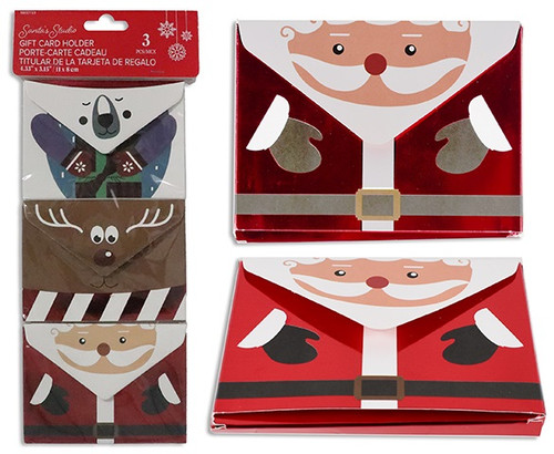 Add a festive touch to your gift-giving with these Red Foil Gift Card Holders. Each holder measures 4.33 inches by 3.15 inches and features a charming holiday character. This pack includes a polar bear face, reindeer face, or Santa. Made with a shiny red foil finish, these holders add a touch of sparkle and fun to your gift cards.