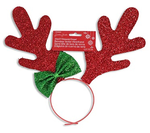 Red Tinsel Antler Headband with Green Bow