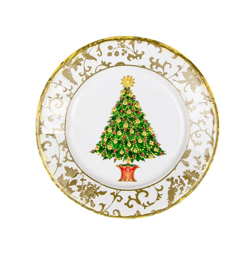 Enhance your holiday table with our Gilded Tree Dessert Plates. Featuring a white design with an intricate gold border and a beautifully decorated Christmas tree in gold and red, these elegant plates bring sophistication and festive cheer to any gathering.
These paper plates measure 7 inches, and include 8 count in each pack.