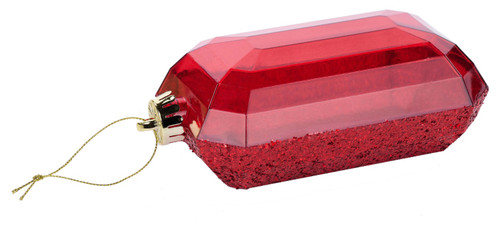Add sparkle to your holiday decor with the 7 inch Red Glitter Gem Ornament. Featuring a transparent red design with one half coated in glitter, it comes with a gold string hanger and is rectangular in shape.