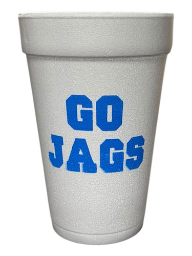 Get into the gameday spirit with our 16 oz white Styrofoam Cups, featuring the words Go Jags in blue on one side and a blue Louisiana with a paw print in the place of Baton Rouge. Each sleeve includes 25 durable cups, perfect for hot or cold drinks at your tailgate. Add a touch of team spirit with these must-have cups.