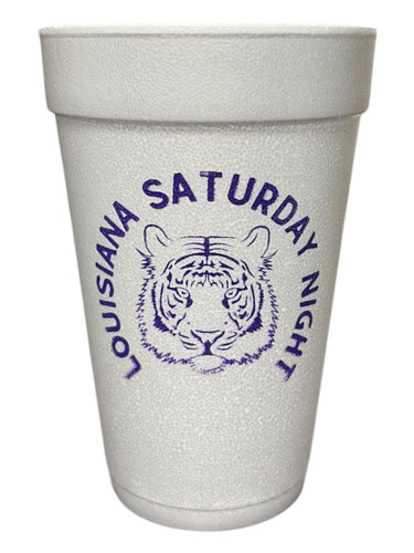Get into the gameday spirit with our 16 oz white Styrofoam Cups, featuring the words Louisiana Saturday Night with a tiger in purple. Each sleeve includes 25 durable cups, perfect for hot or cold drinks at your tailgate. Add a touch of team spirit with these must-have cups. Get into the gameday spirit with our 16 oz white Styrofoam Cups, featuring the words Louisiana Saturday Night with a tiger in purple. Each sleeve includes 25 durable cups, perfect for hot or cold drinks at your tailgate. Add a touch of team spirit with these must-have cups.