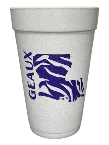 White Styrofoam Cups, featuring the words GEAUX in purple a tiger striped state of Louisiana. Each sleeve includes 25 durable cups, perfect for hot or cold drinks at your tailgate. Add a touch of team spirit with these must-have cups. Available in 16oz and 20oz.