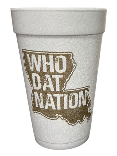 Get into the gameday spirit with our 16 oz white Styrofoam Cups, featuring the words Who Dat Nation in a gold state of Louisiana. Each sleeve includes 25 durable cups, perfect for hot or cold drinks at your tailgate. Add a touch of team spirit with these must-have cups.