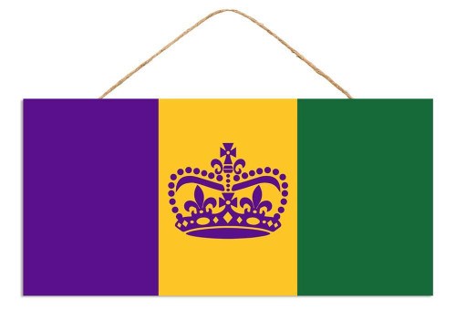 Celebrate in style with this charming 12.5" x 6" Mardi Gras Flag Sign. Featuring the classic colors of purple, gold, and green, this fiberboard piece is adorned with a regal purple crown on the gold section, adding a touch of royal flair to your festivities. The sign is complete with a rustic burlap string hanger, making it easy to display anywhere. Celebrate in style with this charming 12.5" x 6" Mardi Gras Flag Sign. Featuring the classic colors of purple, gold, and green, this fiberboard piece is adorned with a regal purple crown on the gold section, adding a touch of royal flair to your festivities. The sign is complete with a rustic burlap string hanger, making it easy to display anywhere.