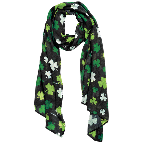 Celebrate St. Patrick's Day with this stylish scarf! Measuring 60" x 3.75", it features a black background with shamrocks in dark green, light green, and white. Made from soft, polyester, it's the perfect festive accessory for a party or attending a parade. Hand wash only and line dry.