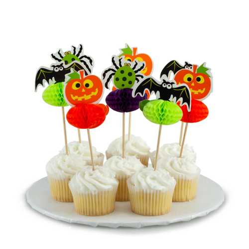 Bring a fun and festive touch to your cakes and cupcakes with our Halloween Picks! This set includes creepy-cute bats, spiders, and jack-o'-lanterns, each paired with colorful tissue paper honeycomb accents for added texture and charm.
Package includes 8 count 4.25 inch picks.
Cupcakes and platter not included.