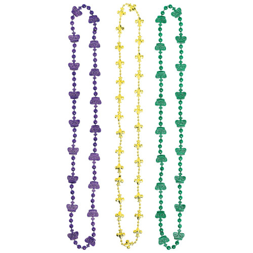 Celebrate Mardi Gras in style with our Bead Necklace Set! This set includes three 35-inch necklaces, including one purple strand with crowns, a green strand also with crowns, and a gold strand with fleur-de-lis symbols. Celebrate Mardi Gras in style with our Bead Necklace Set! This set includes three 35-inch necklaces, including one purple strand with crowns, a green strand also with crowns, and a gold strand with fleur-de-lis symbols.